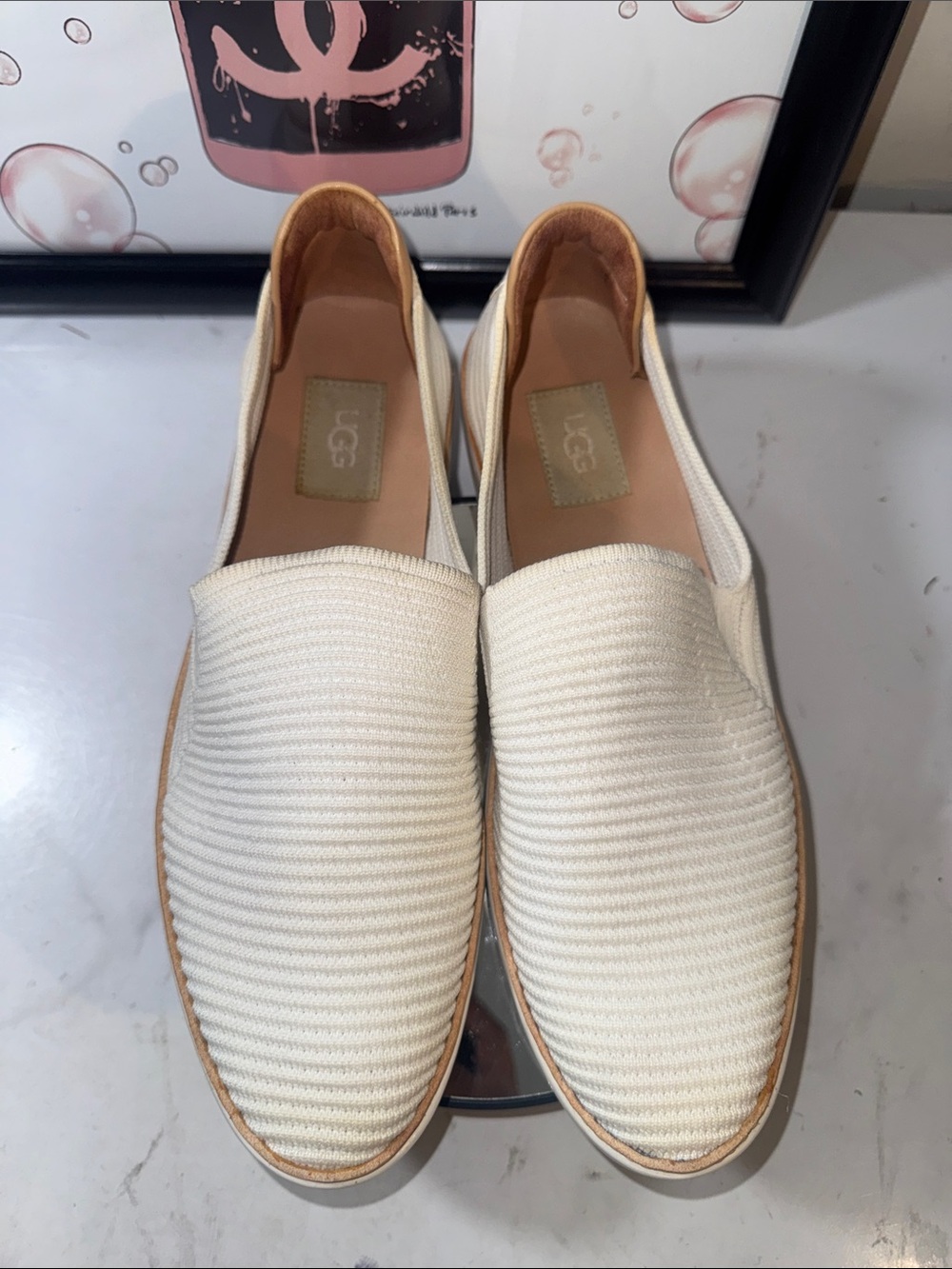 UGG Women's Sammy White Slip-On Ribbed Textile Loafers - Size 10